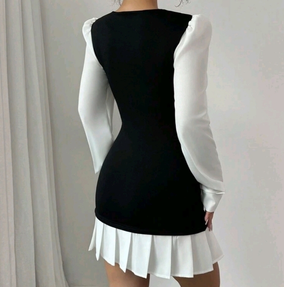 Autumn Winter Fitted Short Round Neck Pleated Dress - Picture 2 of 4